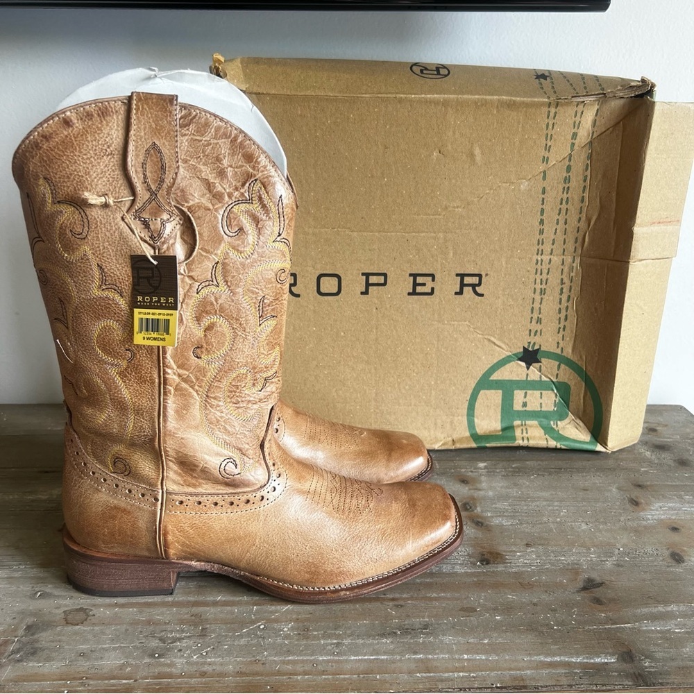 ROPER NEW Women’s Lindsey Tan Leather Square Toe Boot Size 9 #B1657A